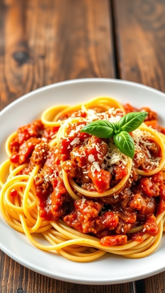 Classic Spaghetti Bolognese Recipe A delicious plate of spaghetti Bolognese with meat sauce and Parmesan cheese on a wooden table.